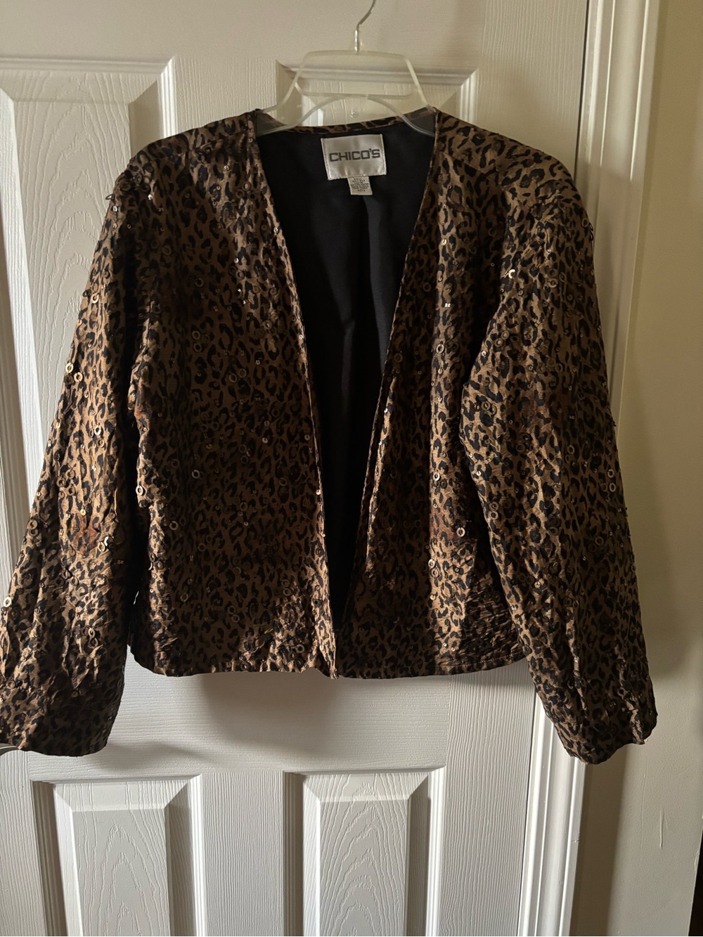 Chico's Leopard Sequin Open-Front Jacket in Brown & Black